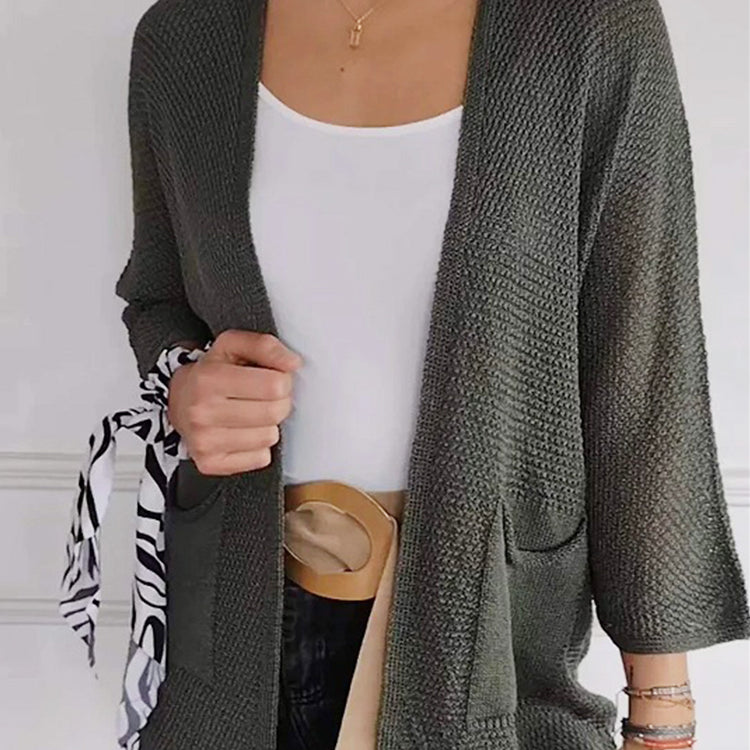 Women's Waffle Long Sleeve Solid Color Casual Knitted Cardigan with Pockets