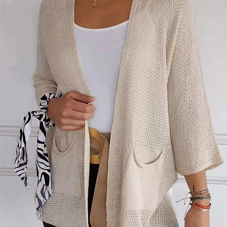Women's Waffle Long Sleeve Solid Color Casual Knitted Cardigan with Pockets