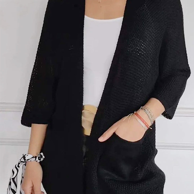 Women's Waffle Long Sleeve Solid Color Casual Knitted Cardigan with Pockets