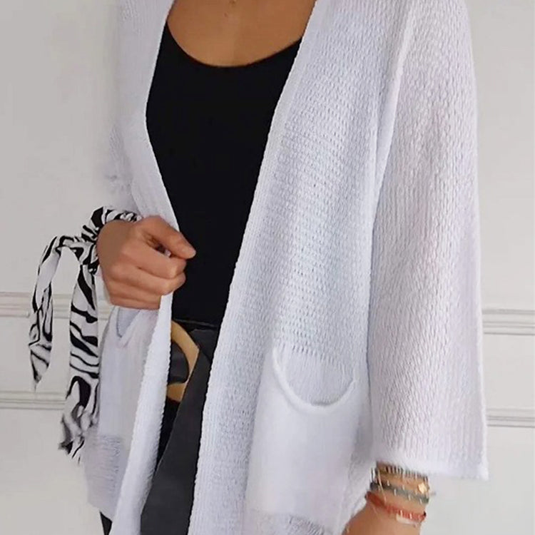 Women's Waffle Long Sleeve Solid Color Casual Knitted Cardigan with Pockets