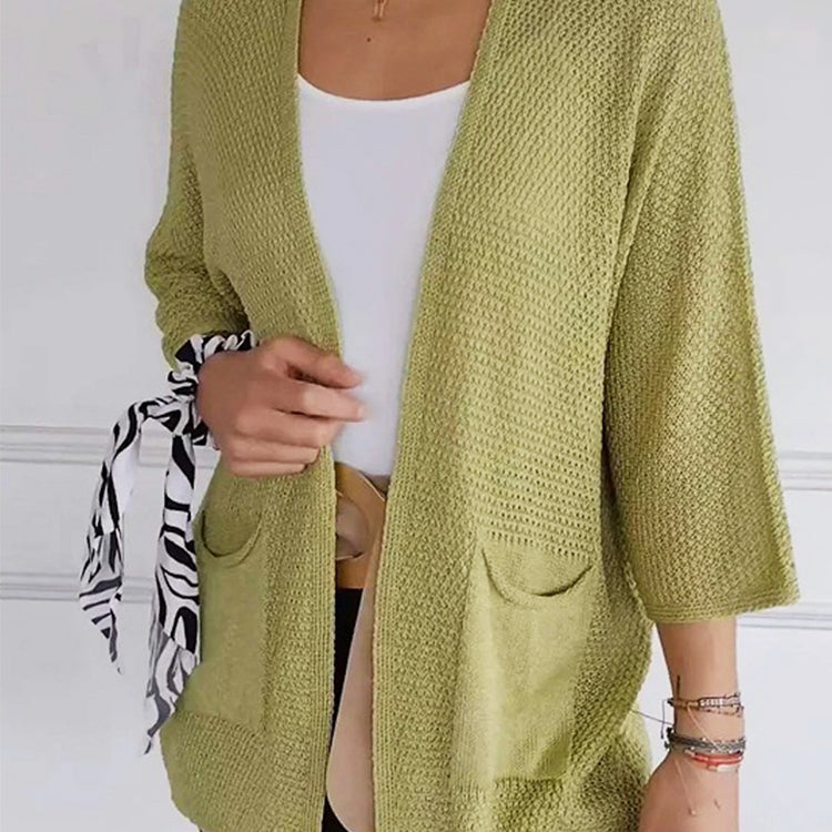Women's Waffle Long Sleeve Solid Color Casual Knitted Cardigan with Pockets