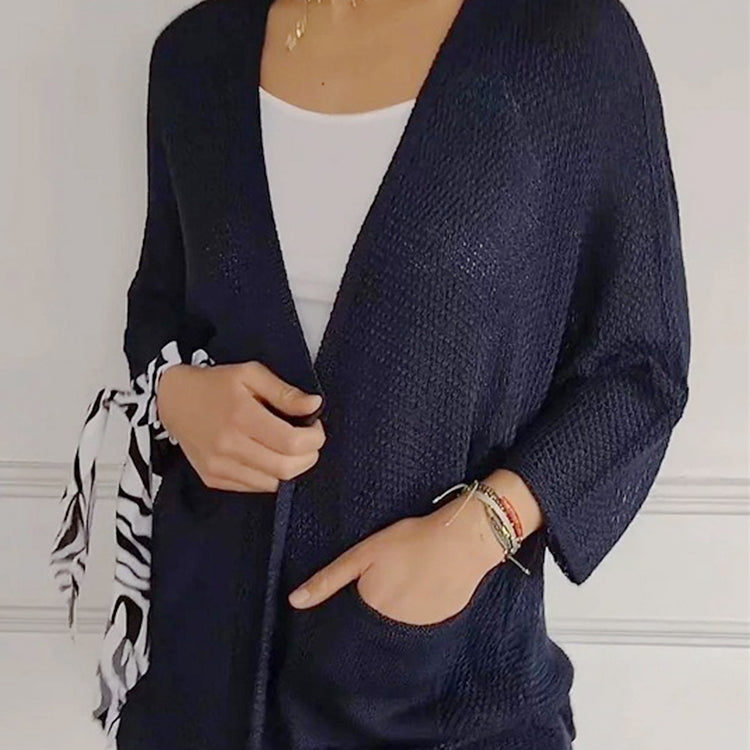 Women's Waffle Long Sleeve Solid Color Casual Knitted Cardigan with Pockets