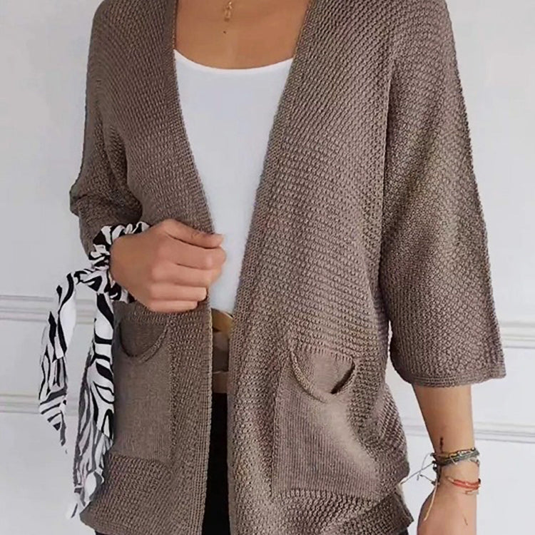 Women's Waffle Long Sleeve Solid Color Casual Knitted Cardigan with Pockets