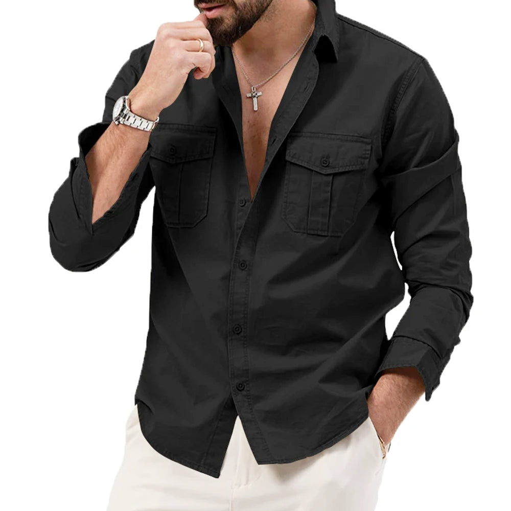 Men's Double Pocket Long-Sleeve Plain Button-Up Cargo Shirt