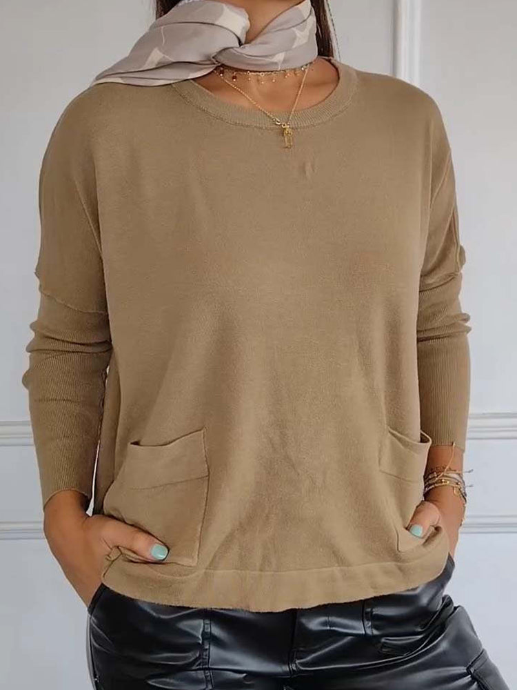 Women's Casual Simple Temperament Round Neck Pocket Bottom Shirt