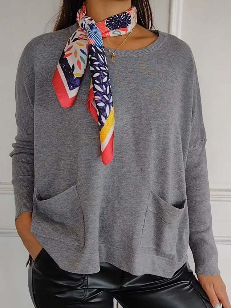 Women's Casual Simple Temperament Round Neck Pocket Bottom Shirt