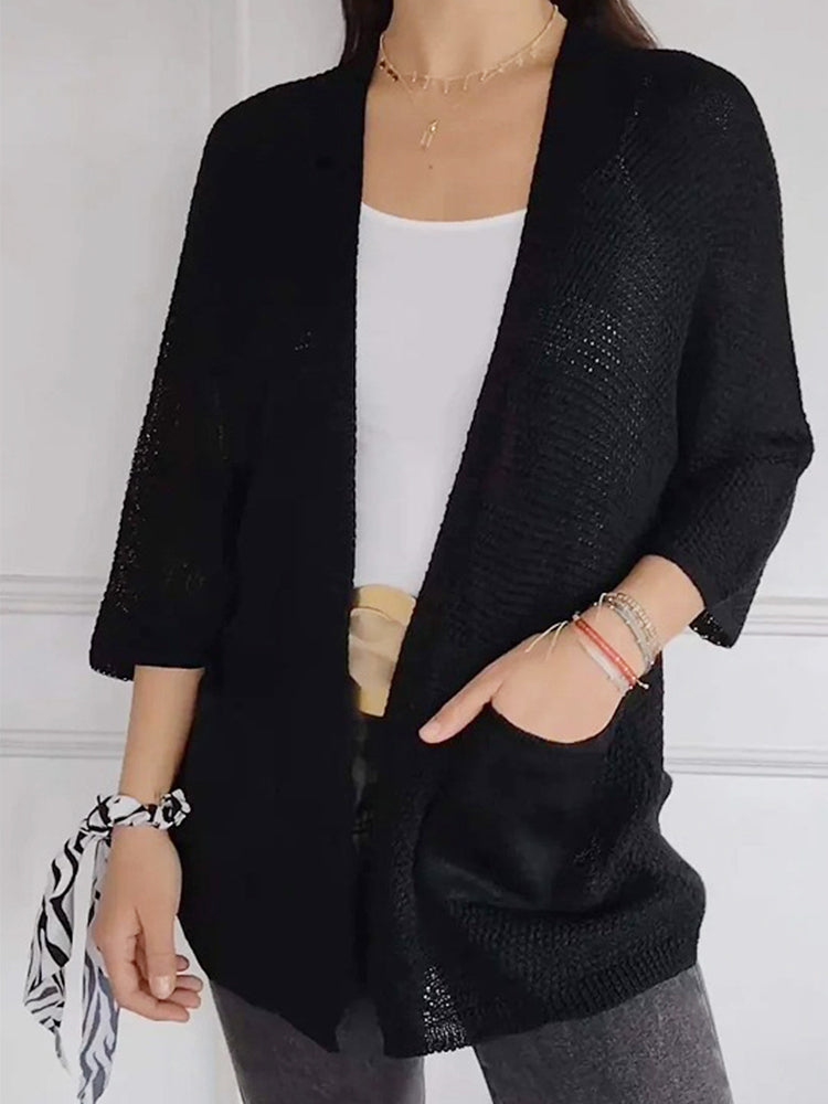 Women's Waffle  Long Sleeve Solid Color Casual Knitted Cardigan with Pockets