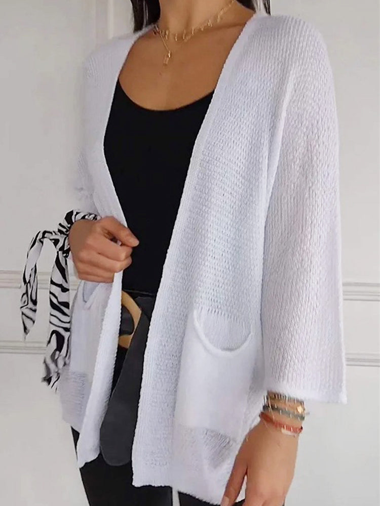 Women's Waffle  Long Sleeve Solid Color Casual Knitted Cardigan with Pockets