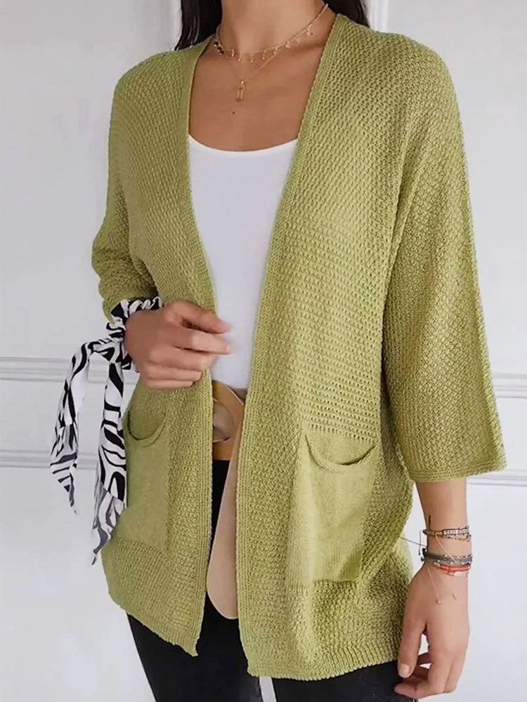 Women's Waffle  Long Sleeve Solid Color Casual Knitted Cardigan with Pockets
