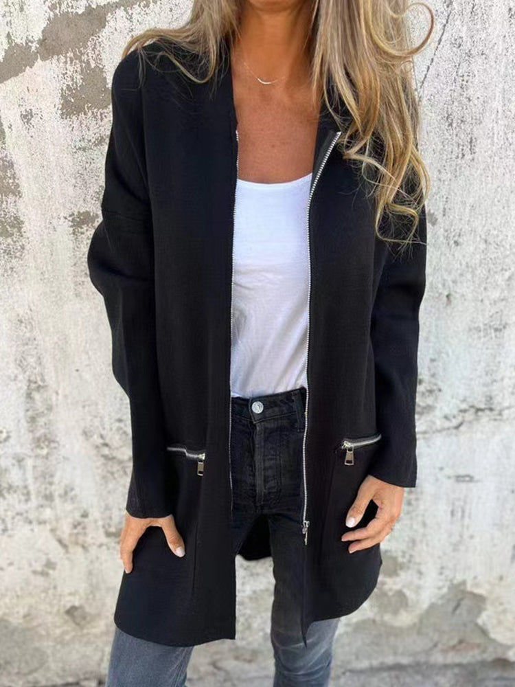 Solid Color Casual Zipper Hooded Jacket Coat