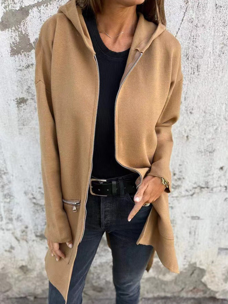 Solid Color Casual Zipper Hooded Jacket Coat