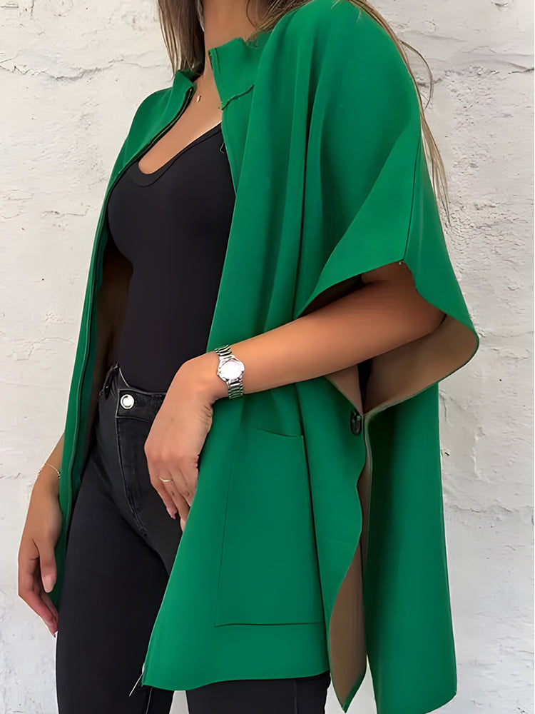 Women's Solid Color Stand Collar Zipper Pocket Loose Shawl Jacket