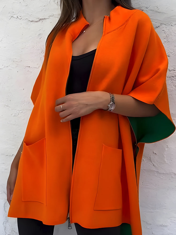 Women's Solid Color Stand Collar Zipper Pocket Loose Shawl Jacket