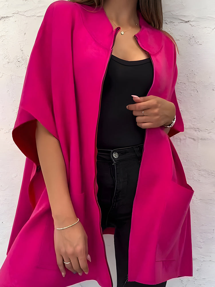 Women's Solid Color Stand Collar Zipper Pocket Loose Shawl Jacket