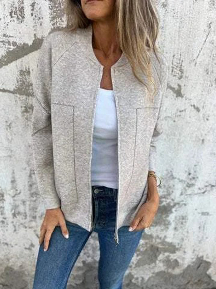 Women's Solid Color Casual Round Neck Zipper Pocket Jacket