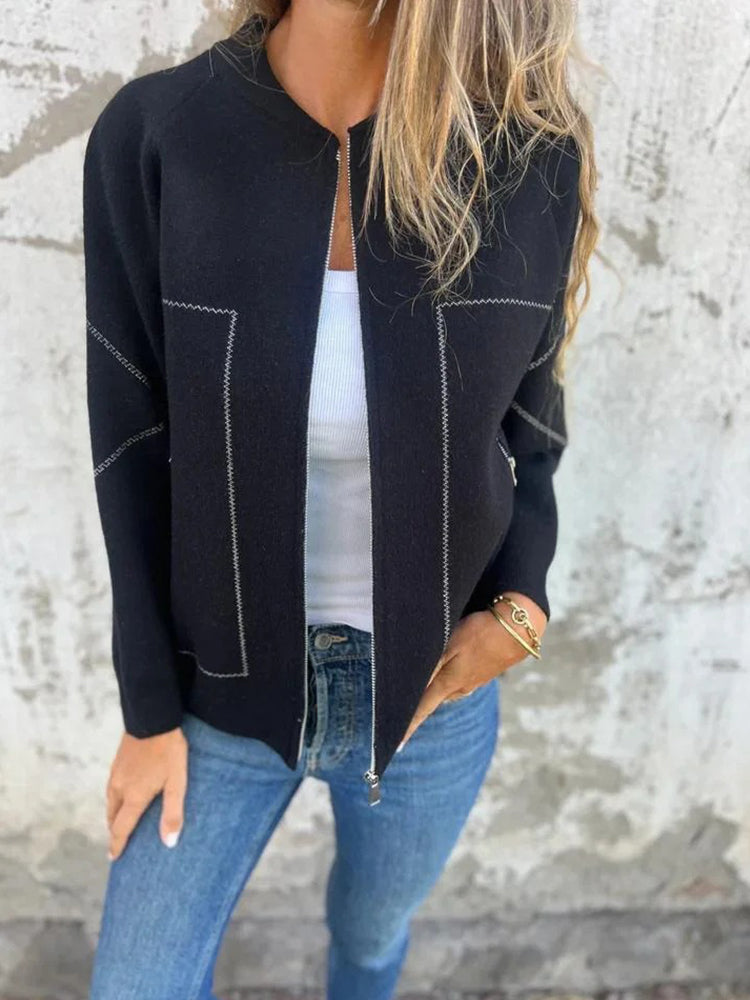 Women's Solid Color Casual Round Neck Zipper Pocket Jacket