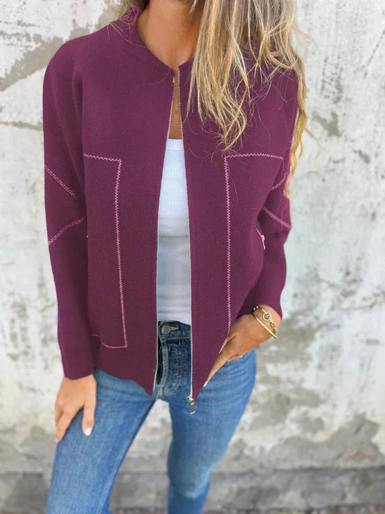 Women's Solid Color Casual Round Neck Zipper Pocket Jacket