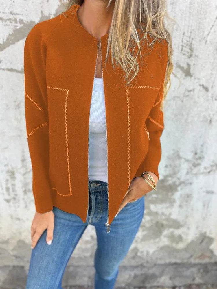 Women's Solid Color Casual Round Neck Zipper Pocket Jacket