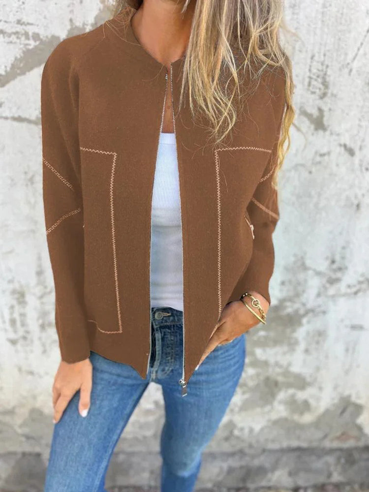 Women's Solid Color Casual Round Neck Zipper Pocket Jacket
