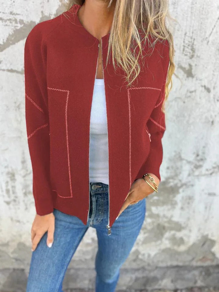 Women's Solid Color Casual Round Neck Zipper Pocket Jacket