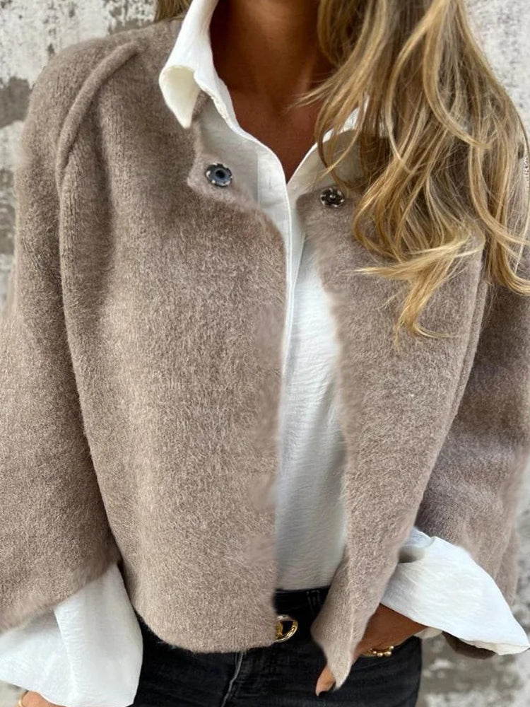 Women's Elegant Round Neck and Long Sleeves Cardigan Short Coat