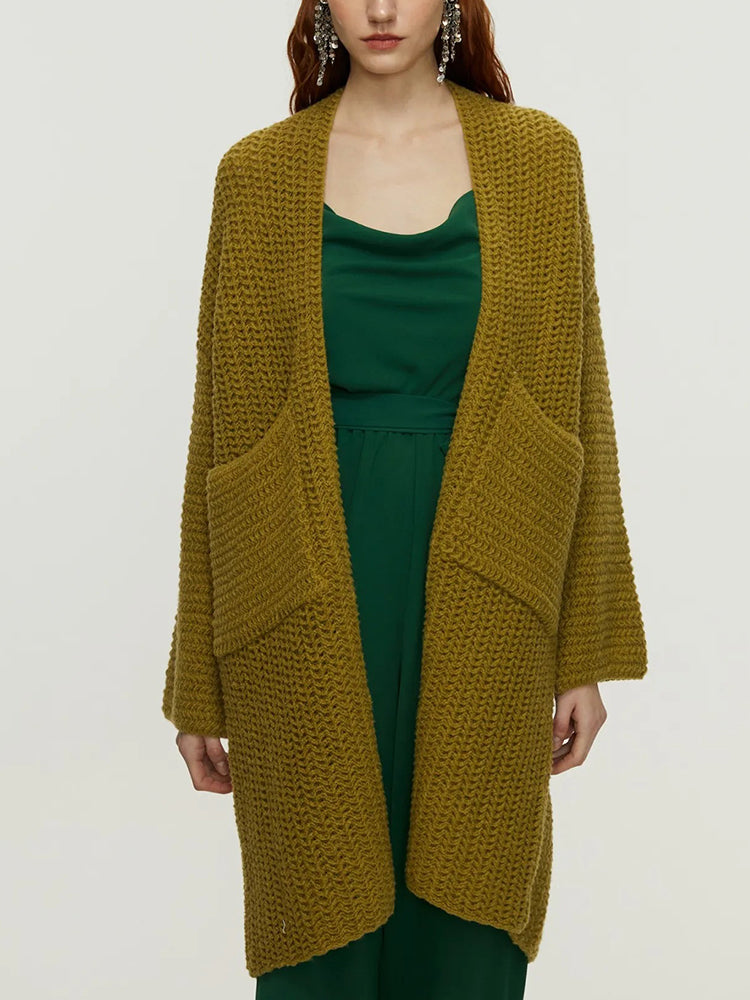 Women's Spring Autumn Leisure Solid Color Twist Medium Long Knitted Cardigan Coat