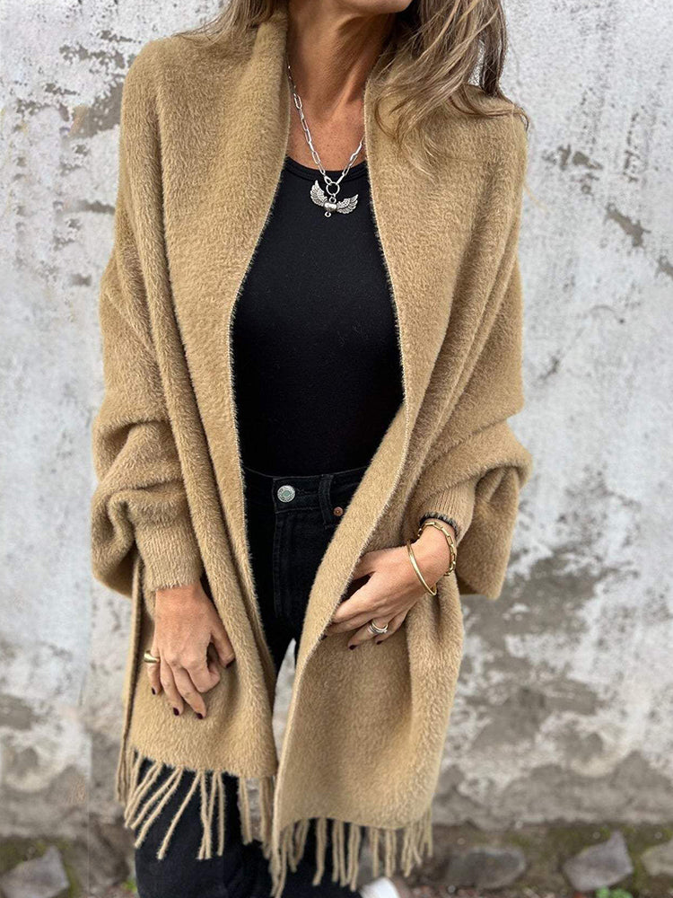 Women's Warm Knit Plush Tassel Trim Relaxed Shawl Cardigan
