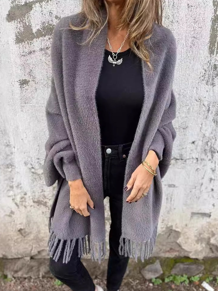Women's Warm Knit Plush Tassel Trim Relaxed Shawl Cardigan