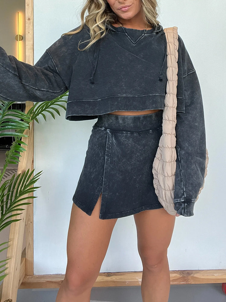 2025 NEW☘️ Women's Lounge Washed Hoodie Skort Set
