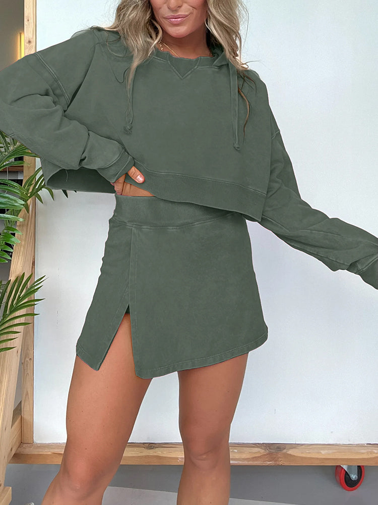 2025 NEW☘️ Women's Lounge Washed Hoodie Skort Set