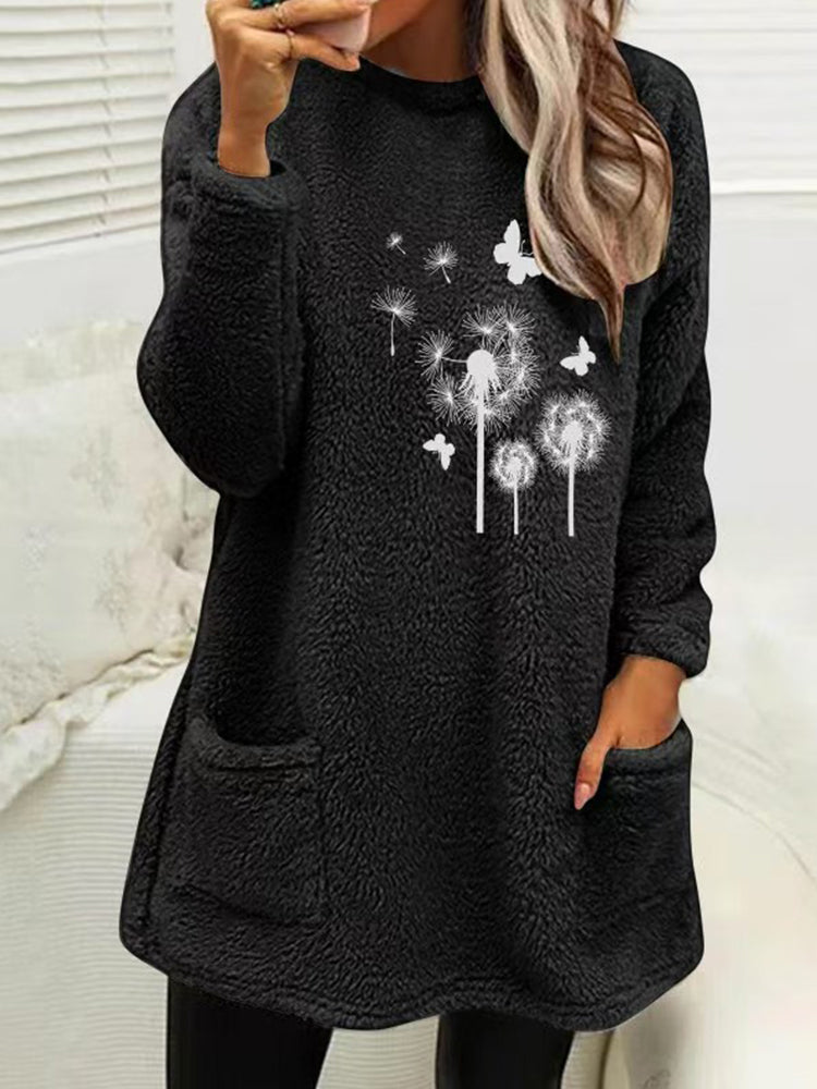 Women's Dandelion & Butterfly Print Fleece Fuzzy Pullover Sweatshirt