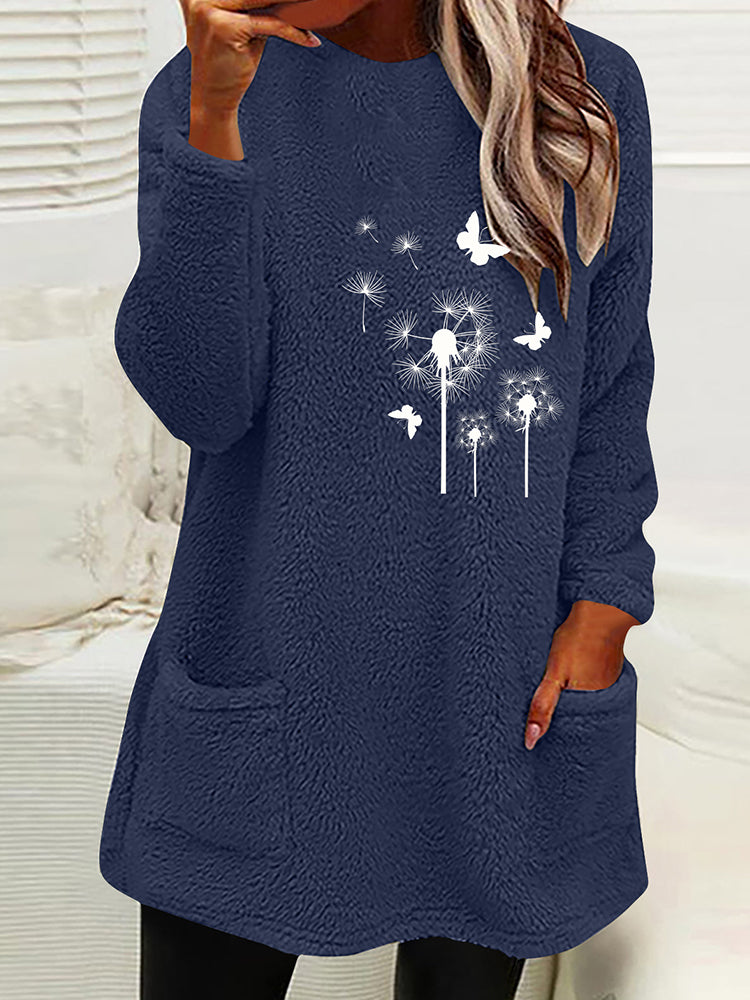 Women's Dandelion & Butterfly Print Fleece Fuzzy Pullover Sweatshirt