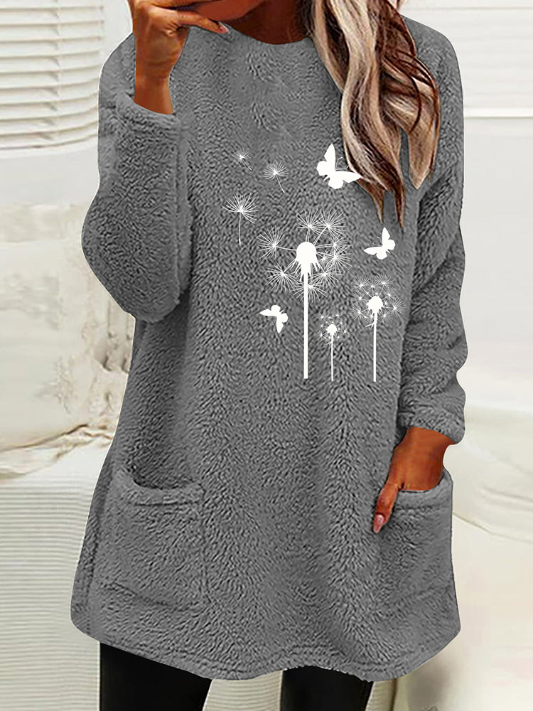 Women's Dandelion & Butterfly Print Fleece Fuzzy Pullover Sweatshirt