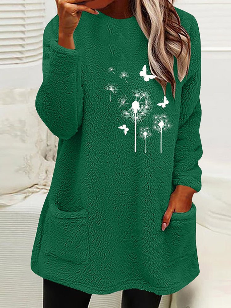 Women's Dandelion & Butterfly Print Fleece Fuzzy Pullover Sweatshirt