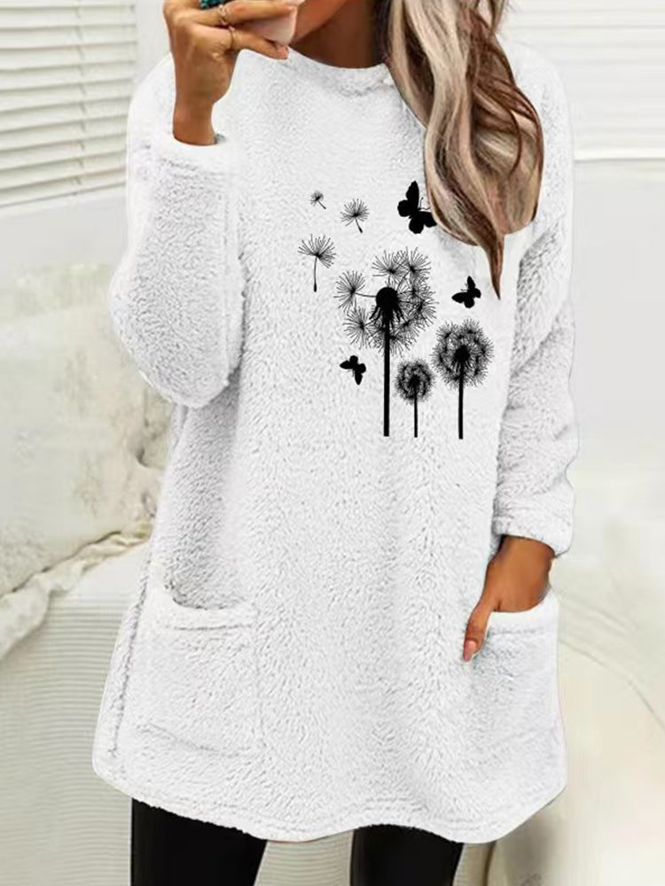 Women's Dandelion & Butterfly Print Fleece Fuzzy Pullover Sweatshirt