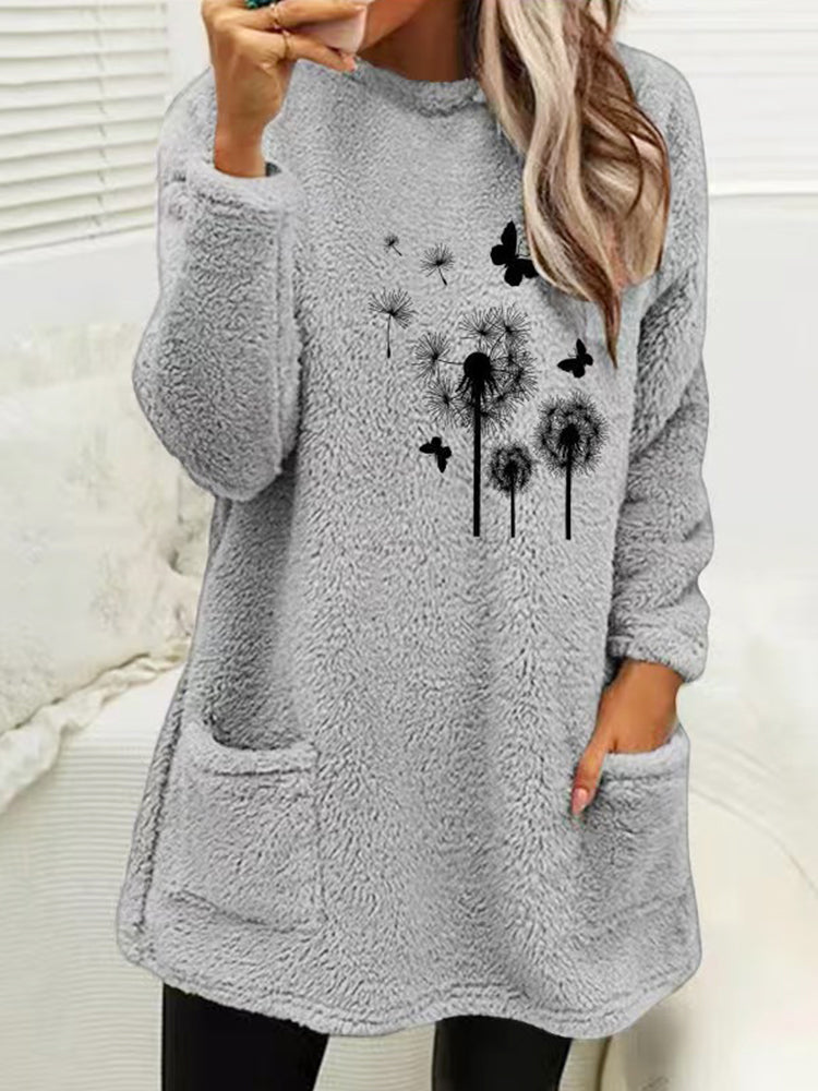 Women's Dandelion & Butterfly Print Fleece Fuzzy Pullover Sweatshirt