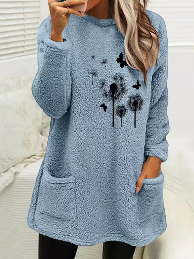 Women's Dandelion & Butterfly Print Fleece Fuzzy Pullover Sweatshirt