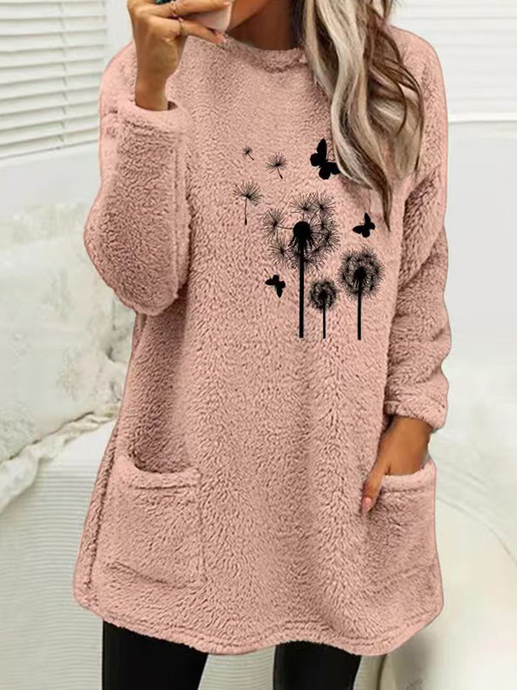 Women's Dandelion & Butterfly Print Fleece Fuzzy Pullover Sweatshirt