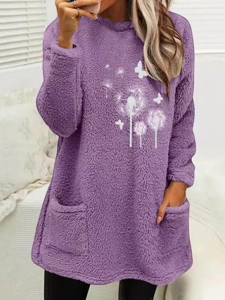 Women's Dandelion & Butterfly Print Fleece Fuzzy Pullover Sweatshirt
