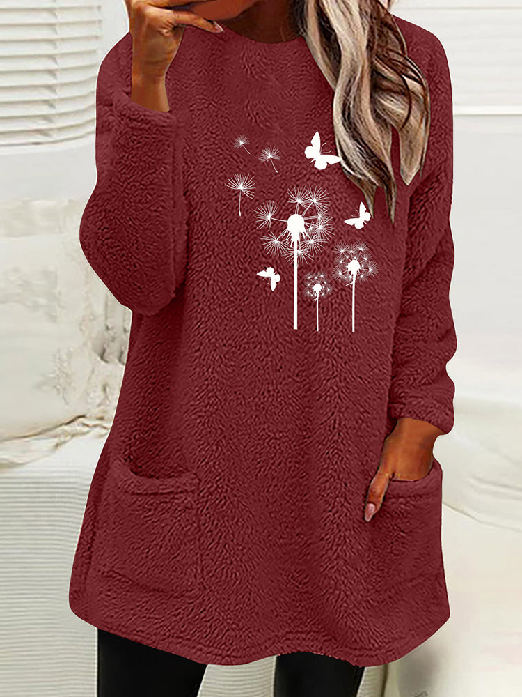 Women's Dandelion & Butterfly Print Fleece Fuzzy Pullover Sweatshirt