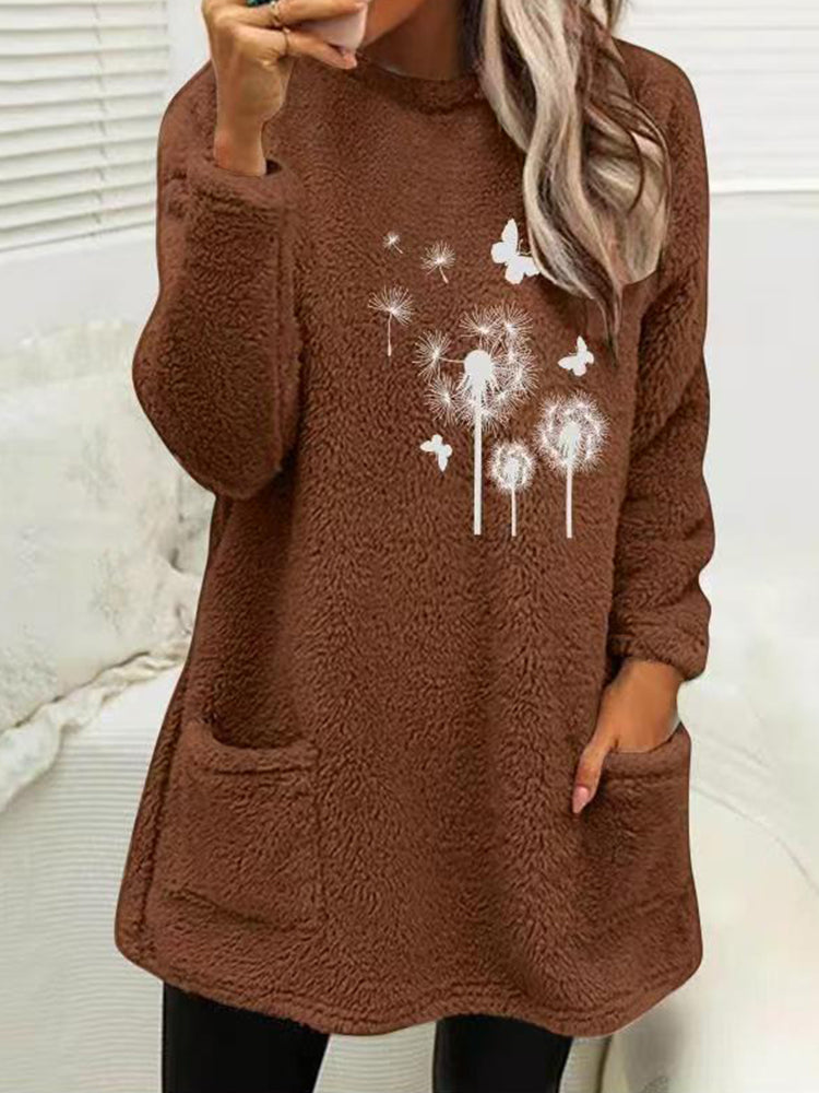Women's Dandelion & Butterfly Print Fleece Fuzzy Pullover Sweatshirt