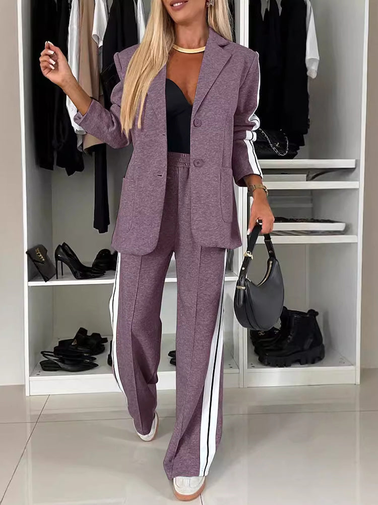 Women's Lapel Loose Long Sleeve Casual Blazer and Wide Leg Pants Suits