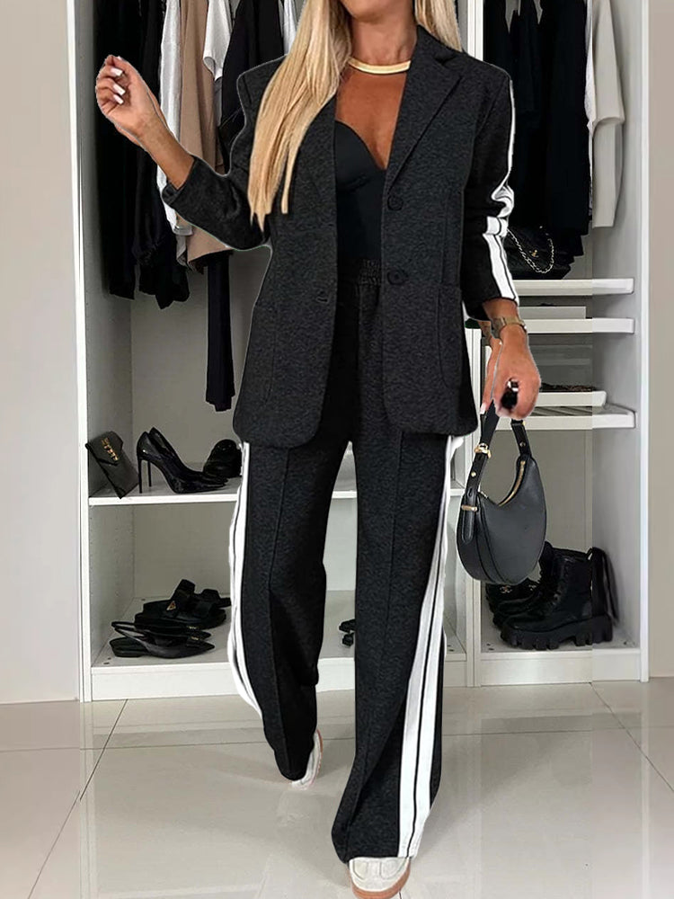 Women's Lapel Loose Long Sleeve Casual Blazer and Wide Leg Pants Suits